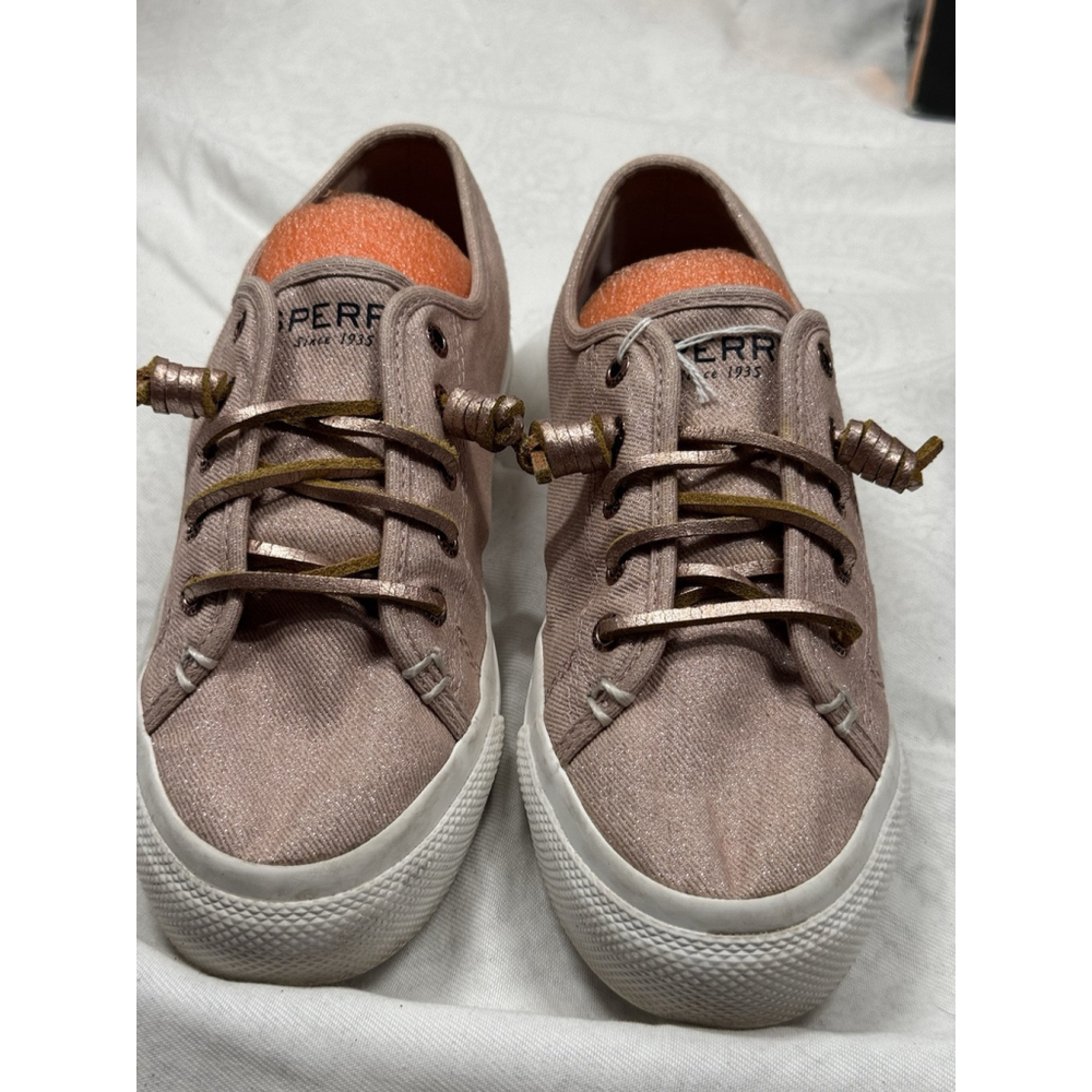 Sperry Womens Sz 6M Sky Sail Rose Metallic Platform Twill Sneakers Slip Ons Prom